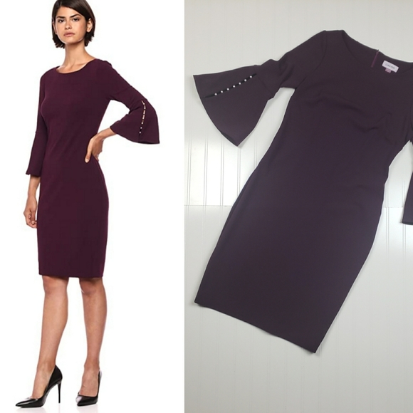 calvin klein embellished bell sleeve sheath dress